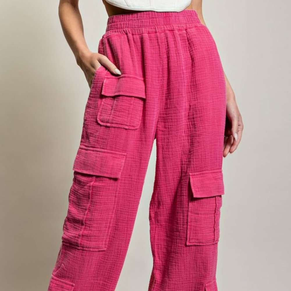 Hot Pink Mineral Washed Cotton Elastic Waist Cargo Pants - Picture 6 of 6
